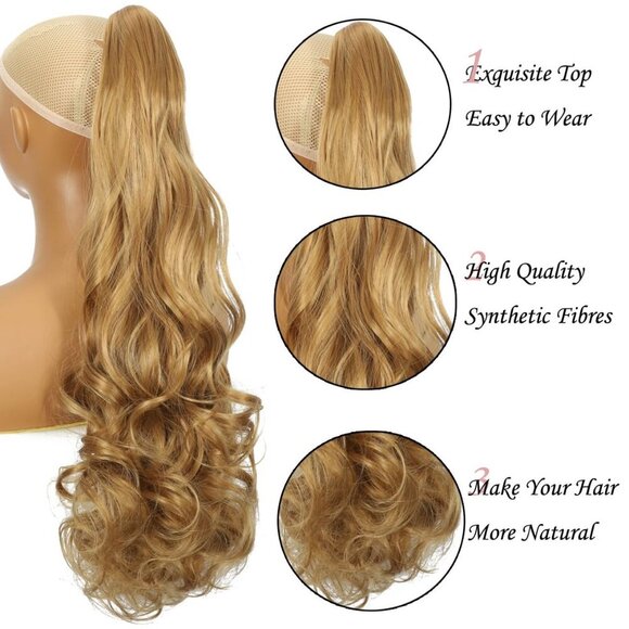 Long Curly PonyTail Hair Extensions 22Inch Light Brown Claw Wavy Ponytail Extens - Picture 3 of 6
